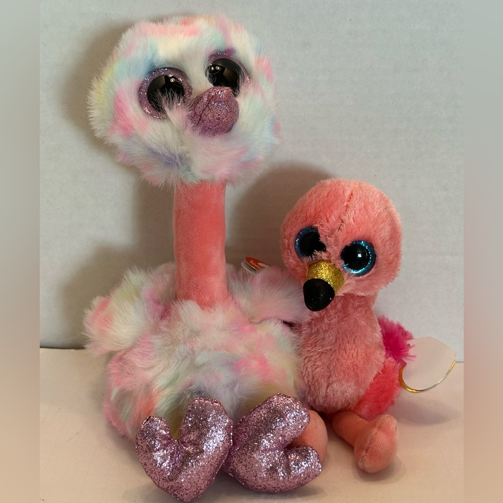 Ty Plush Flamingo Gilda and Ostrich Avert Set With Paper Tags Glitter Eyes